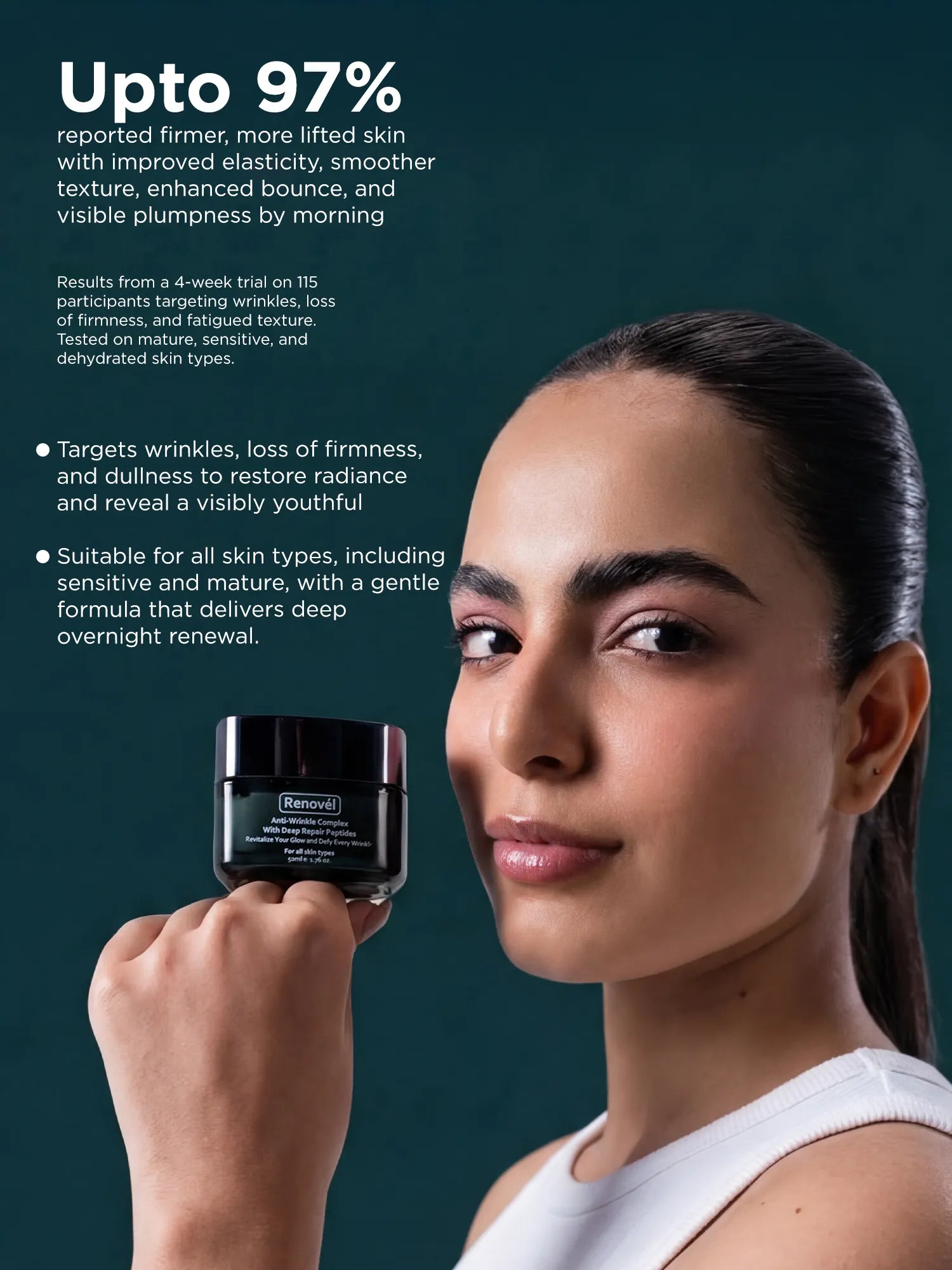 Visible improvement in skin elasticity, firmness, and smoothness after consistent use of peptide based anti aging cream.