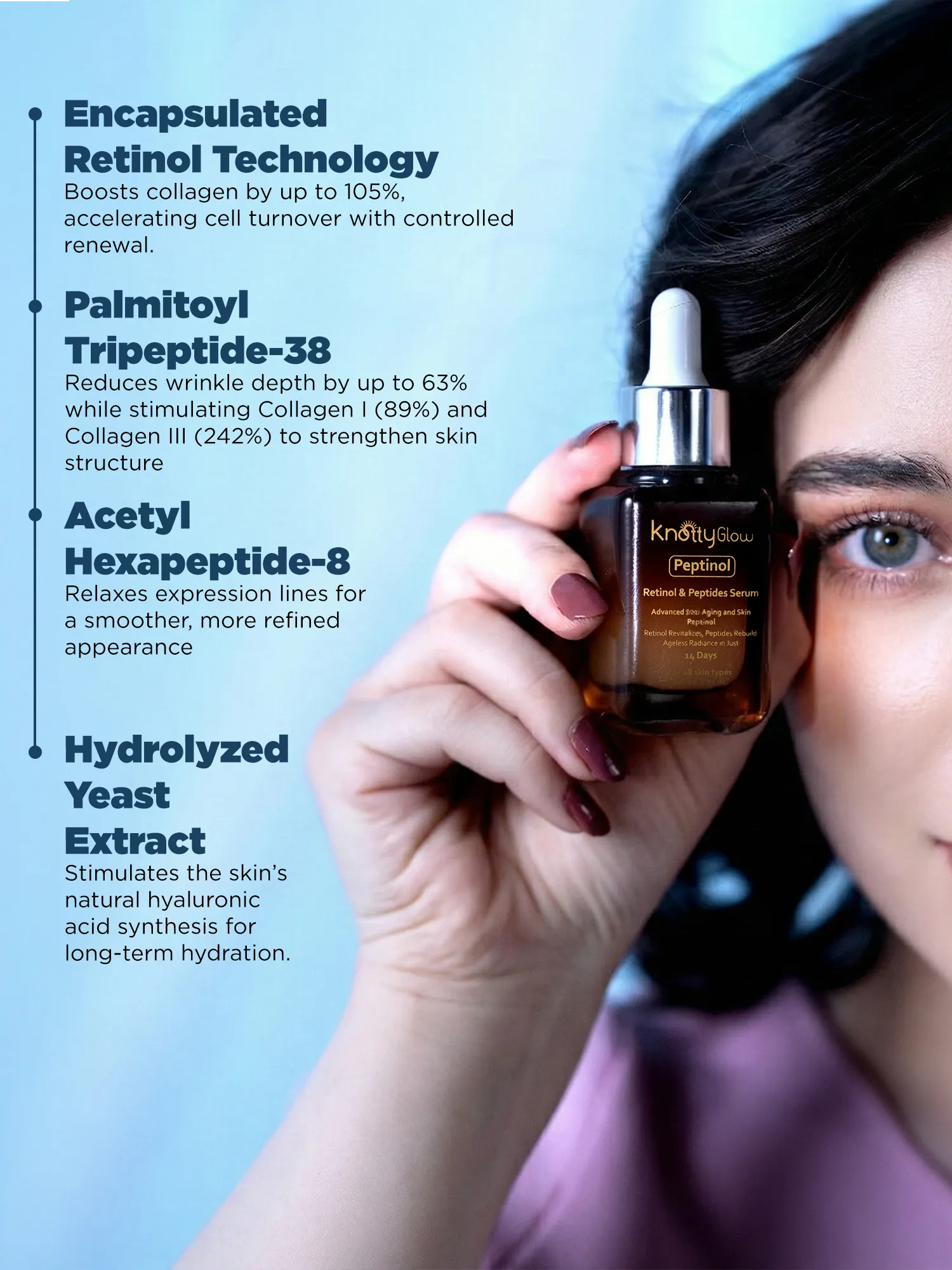 Anti aging serum with retinol and peptides formulated to strengthen skin structure, smooth expression lines and support hydration.
