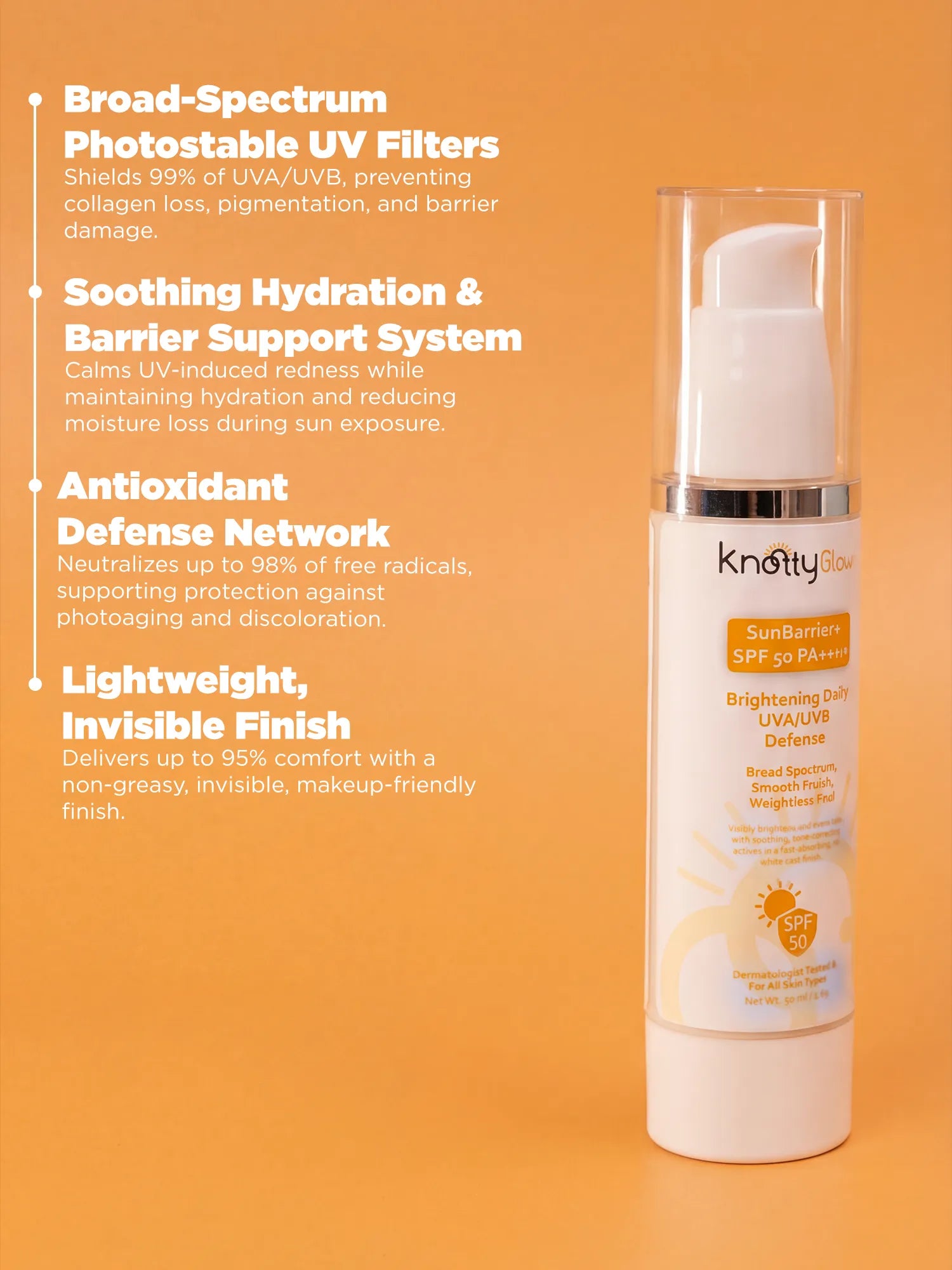 Sunscreen formulated with photostable UV filters and antioxidants to protect against sun damage, support skin barrier health and maintain even tone.
