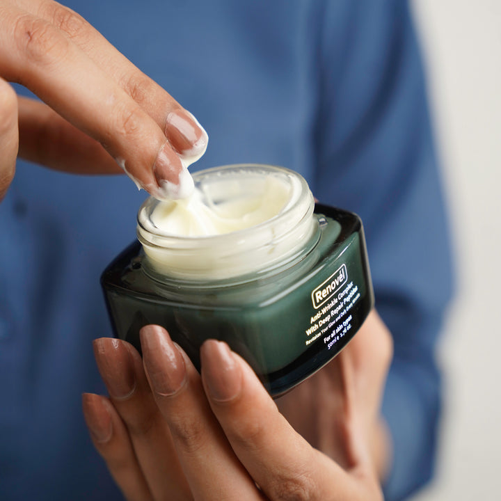 Renovel Anti-Wrinkle Night Cream for nightly anti-aging skincare routine and visible wrinkle reduction.
