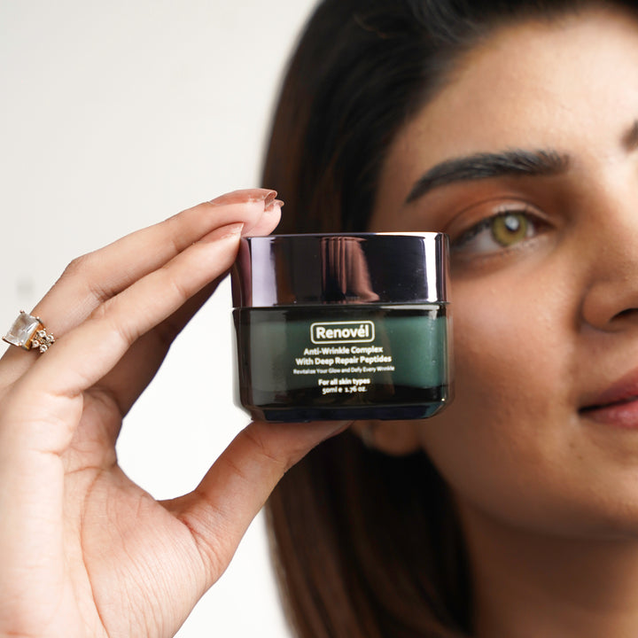 Peptide-rich formula of Renovel Anti-Wrinkle Night Cream for advanced anti-aging treatment.