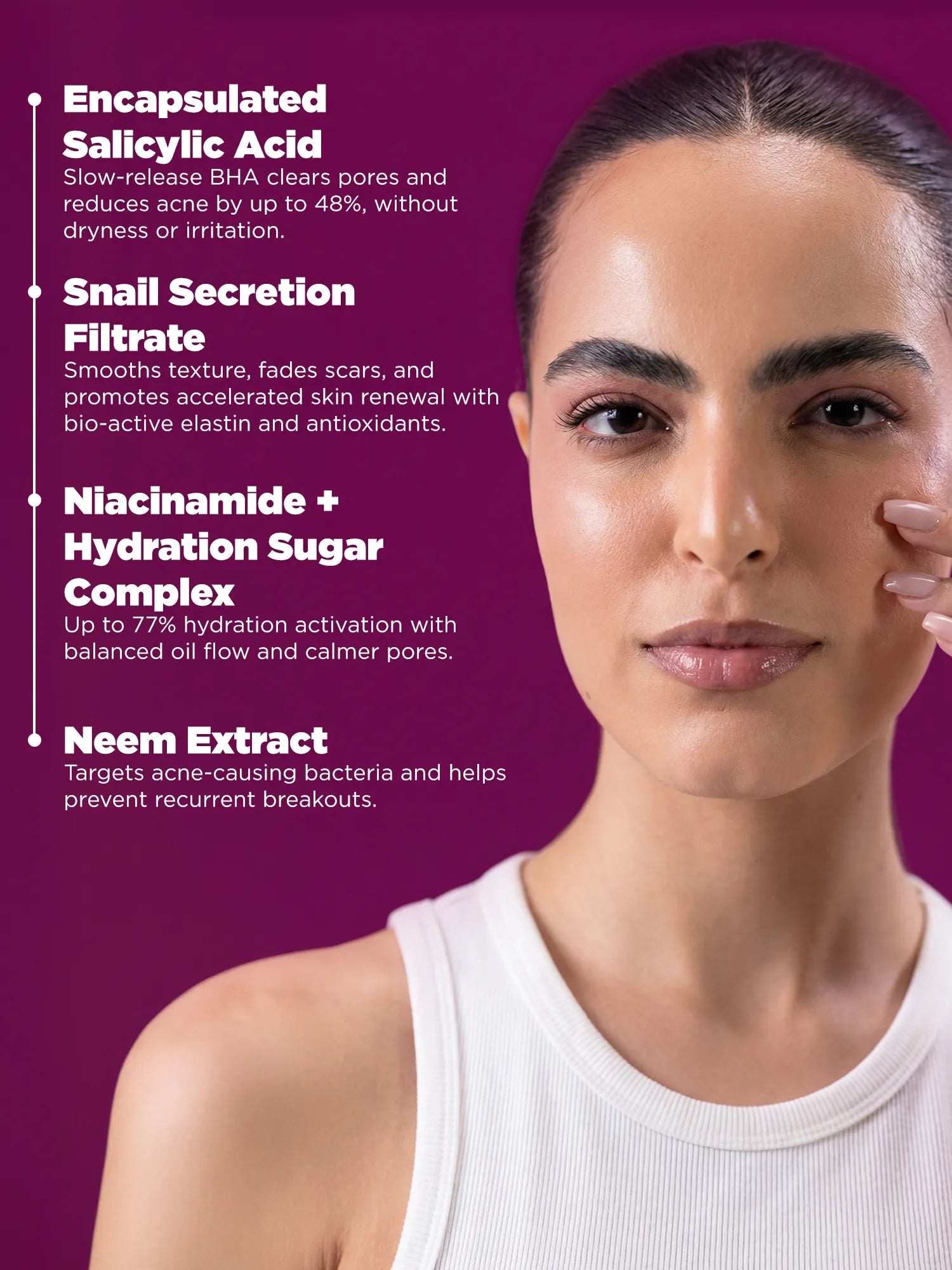 Acne treatment serum with encapsulated salicylic acid, niacinamide and botanical extracts to unclog pores, control oil and reduce post acne marks.
