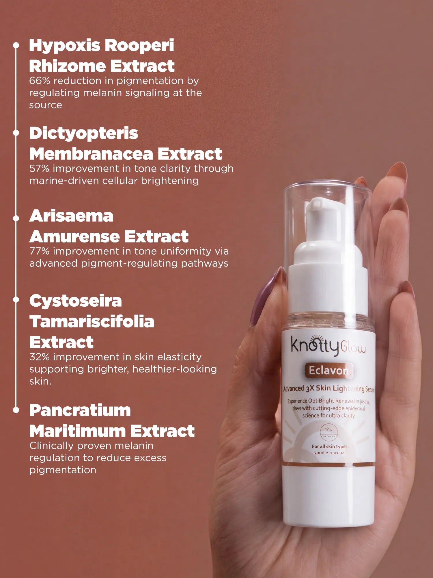 Pigmentation correction serum formulated with botanical and marine extracts to regulate melanin production and improve tone uniformity.
