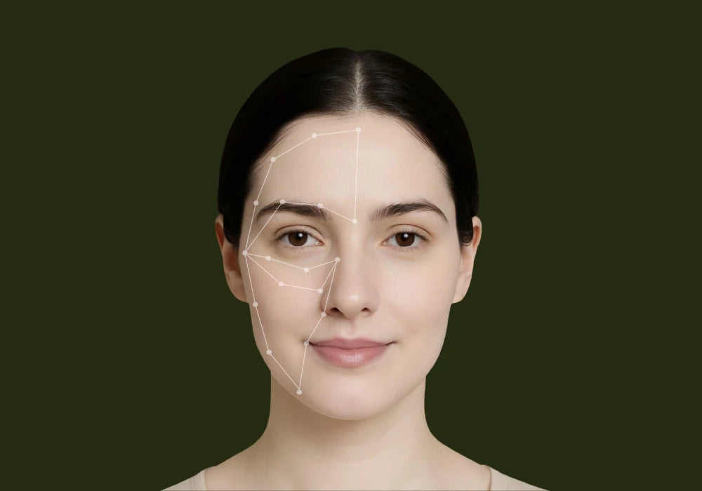 Facial skin structure mapping illustration highlighting texture zones and dermal structure analysis used in advanced skincare treatments