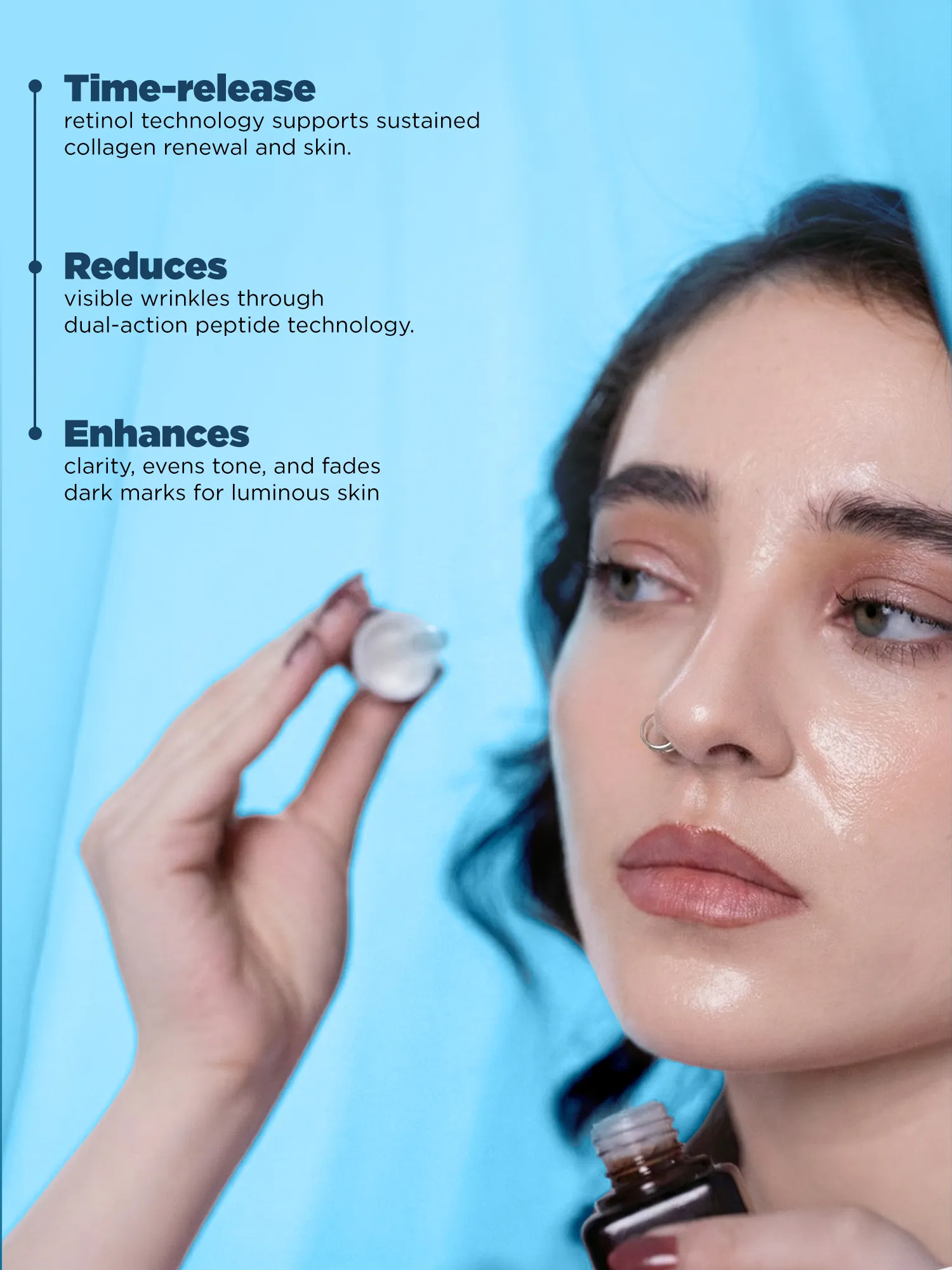 Time release retinol serum formulated to support collagen renewal, smooth wrinkles and improve skin clarity.
