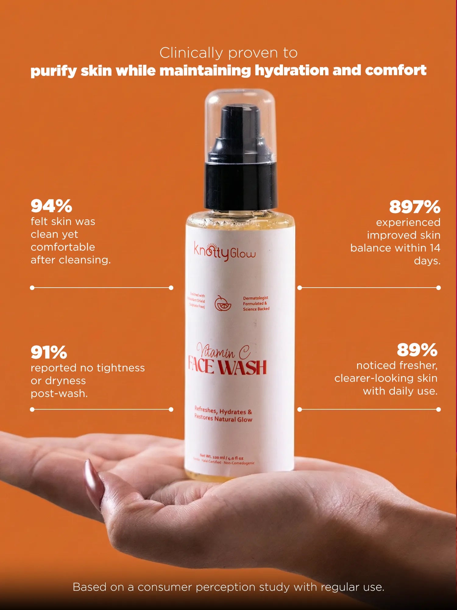 Gentle vitamin C cleanser helping remove impurities while keeping skin hydrated and comfortable