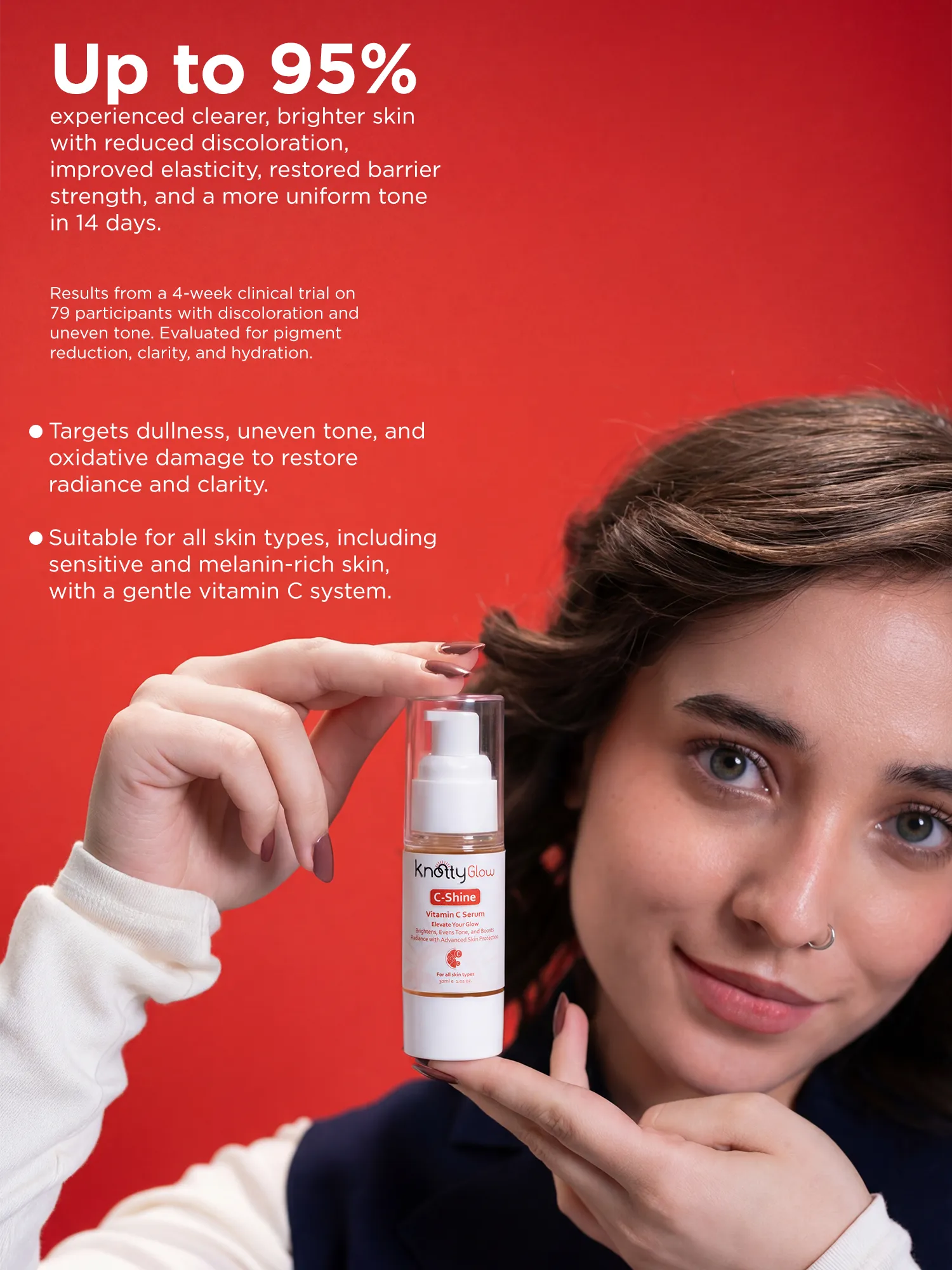 Clinical study results showing improved skin brightness, smoother texture and reduced discoloration with regular vitamin C serum use.
