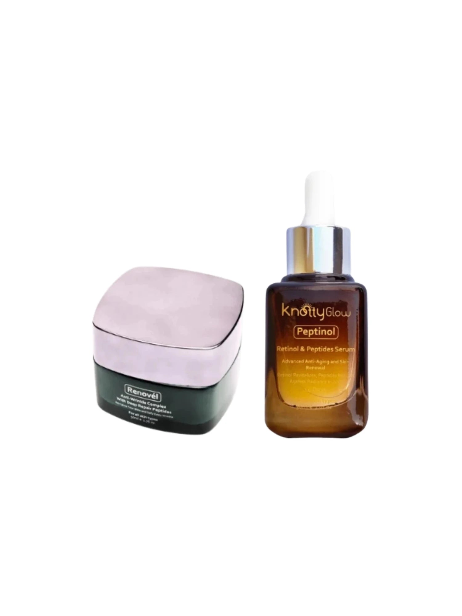 KnottyGlow Youth Repair Night Duo with Peptinol Retinol Serum and Renovel Night Cream for anti-aging and overnight repair.