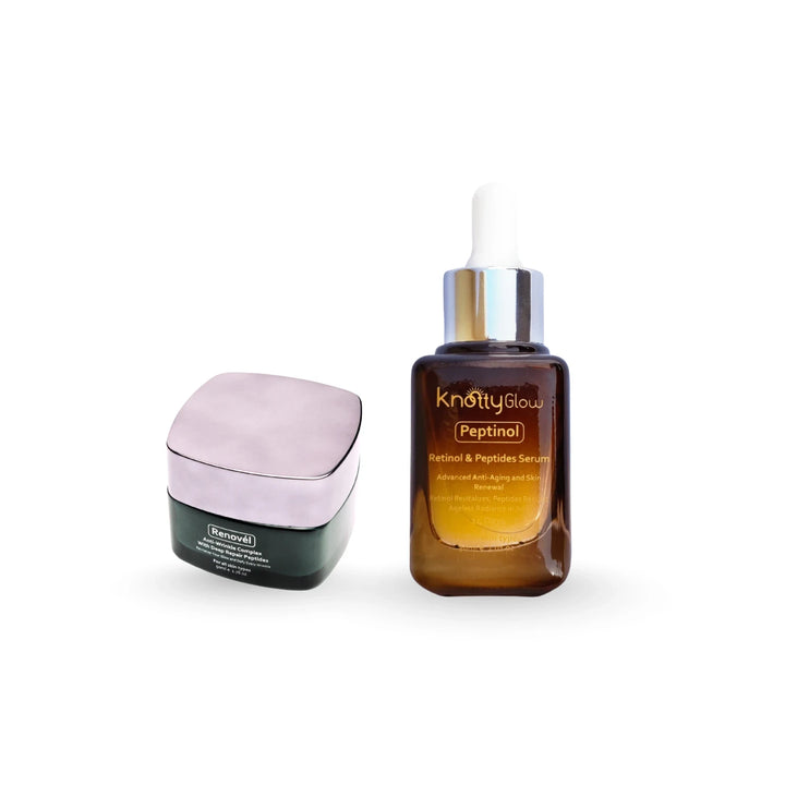 KnottyGlow Youth Repair Night Duo with Peptinol Retinol Serum and Renovel Night Cream for anti-aging and overnight repair.
